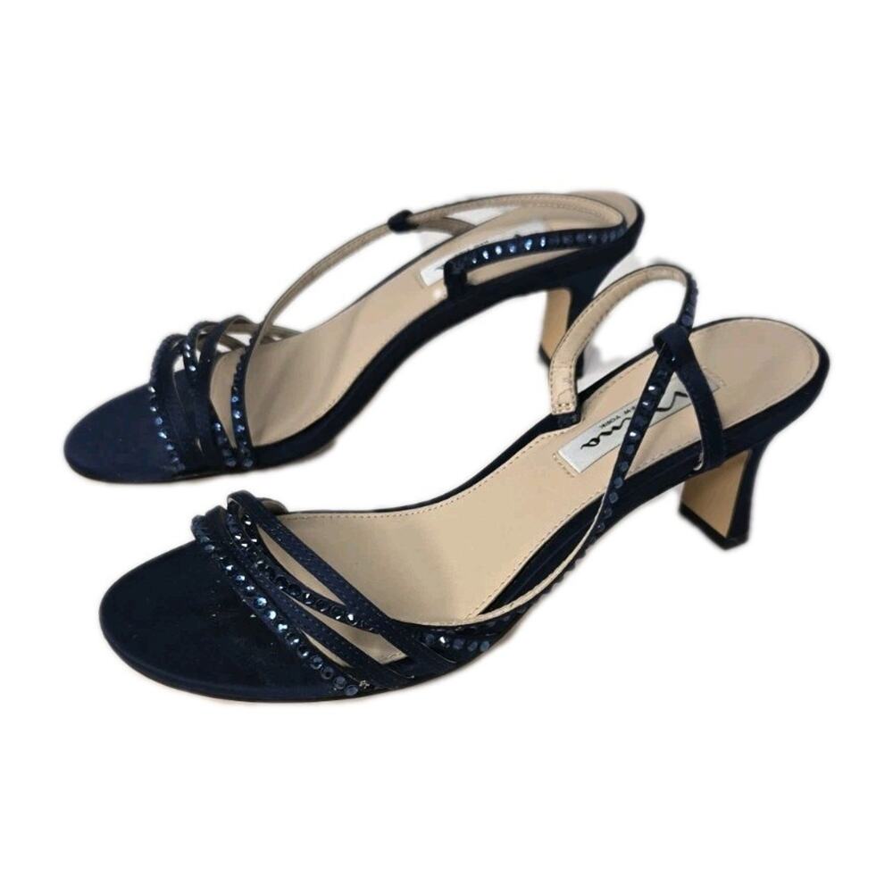 Nina Size 6.5 Navy Blue Satin Rhinestone Crystal Studded Heels slingback NWOB